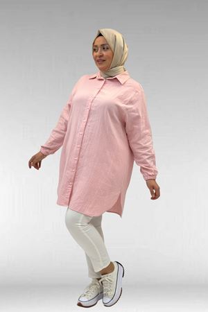 58091 Büyük Beden Kolları Lastikli Müslin Gömlek - Şeker Pembesi