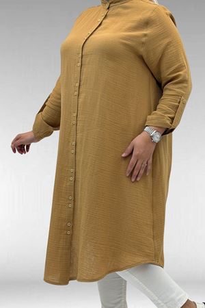 58092 Büyük Beden Çift Düğme Detaylı Müslin Gömlek - Bisküvi