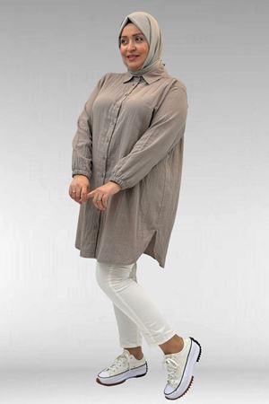 58091 Büyük Beden Kolları Lastikli Müslin Gömlek - Vizon