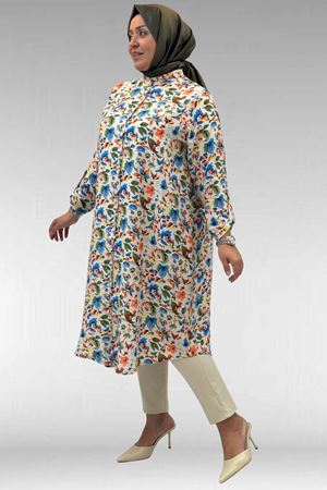 68014 Büyük Beden Hakimyaka Çift Düğmeli Mango Tunik - Desenli Taş