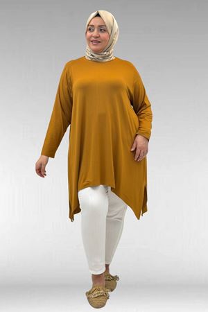 58070 Büyük Beden Asimetrik Kesim Penye Tunik - Tütün