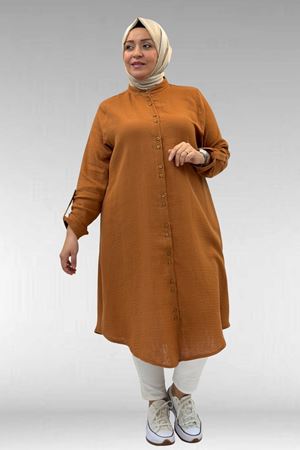 58092 Büyük Beden Çift Düğme Detaylı Müslin Gömlek - Tarçın