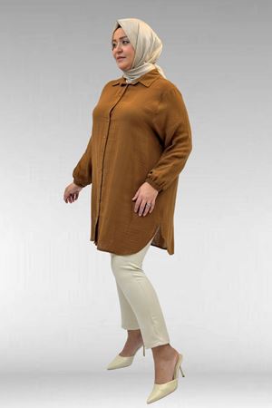 58091 Büyük Beden Kolları Lastikli Müslin Gömlek - Kahve