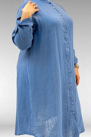 58092 Büyük Beden Çift Düğme Detaylı Müslin Gömlek - Soğuk Mavi