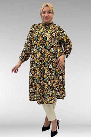 68014 Büyük Beden Hakimyaka Çift Düğmeli Mango Tunik - Desenli Siyah