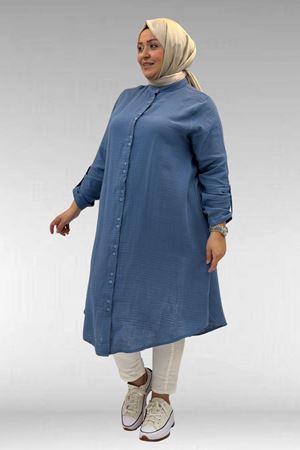 58092 Büyük Beden Çift Düğme Detaylı Müslin Gömlek - Soğuk Mavi