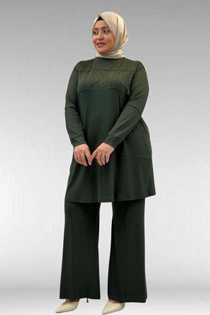 67021 Büyük Beden Taş Baskı Detaylı Parçalı Pantolonlu Takım - Haki