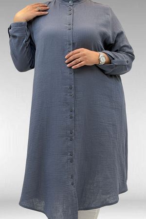 58092 Büyük Beden Çift Düğme Detaylı Müslin Gömlek - Antrasit
