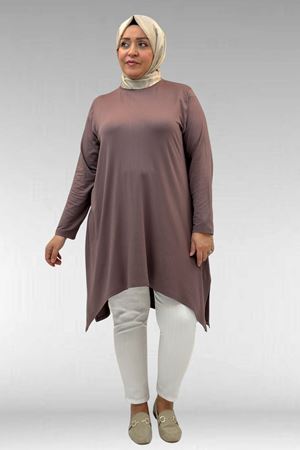 58070 Büyük Beden Asimetrik Kesim Penye Tunik - Vizon
