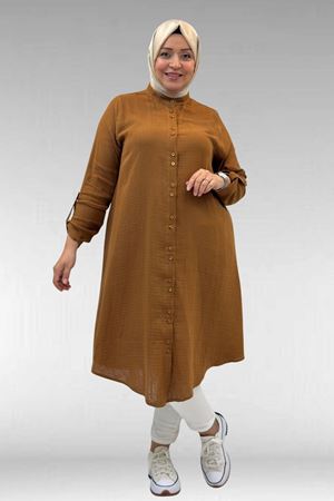 58092 Büyük Beden Çift Düğme Detaylı Müslin Gömlek - Kahve