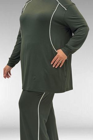 67012 Büyük Beden Biye Detaylı Penye Pantolonlu Takım - Haki