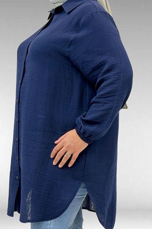 58091 Büyük Beden Kolları Lastikli Müslin Gömlek - Lacivert