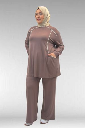 67012 Büyük Beden Biye Detaylı Penye Pantolonlu Takım - Vizon