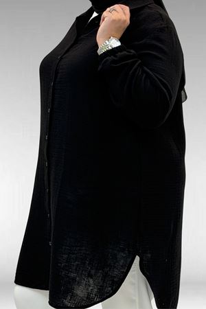 58091 Büyük Beden Kolları Lastikli Müslin Gömlek - Siyah