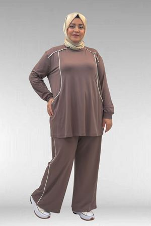 67012 Büyük Beden Biye Detaylı Penye Pantolonlu Takım - Vizon