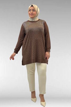 68011 Büyük Beden Önü Taş Detaylı Penye Tunik - Kahve