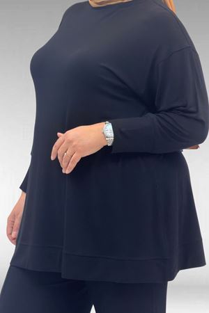 67007 Büyük Beden Kol Ve Etek Ucu Kendinden Ribanalı Pantolonlu Takım - Siyah