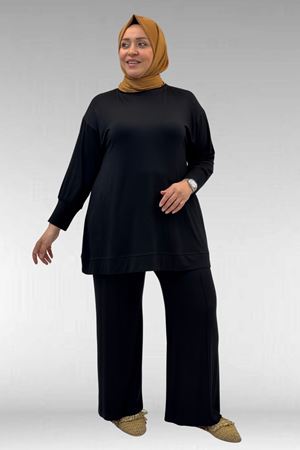 67007 Büyük Beden Kol Ve Etek Ucu Kendinden Ribanalı Pantolonlu Takım - Siyah