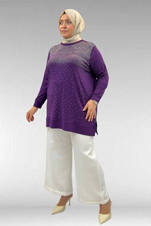 68011 Büyük Beden Önü Taş Detaylı Penye Tunik - Mor