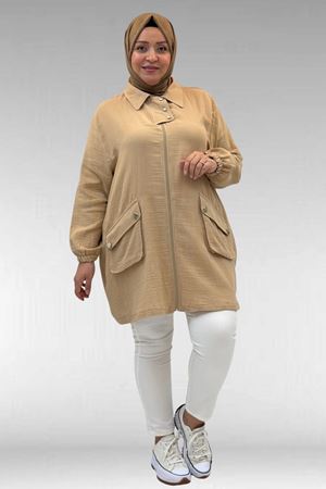 63001 Büyük Beden Cep Ve Patı Çıtçıt Detaylı Müslin Ceket - Bej
