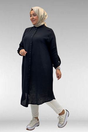 58092 Büyük Beden  Çift Düğme Detaylı Müslin Gömlek - Siyah