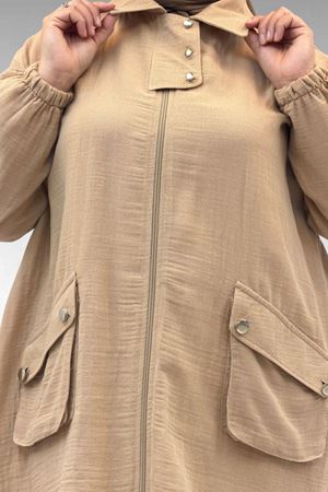 63001 Büyük Beden Cep Ve Patı Çıtçıt Detaylı Müslin Ceket - Bej