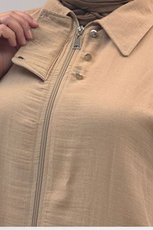 63001 Büyük Beden Cep Ve Patı Çıtçıt Detaylı Müslin Ceket - Bej