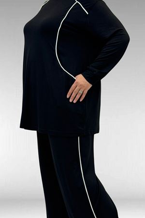 67012 Büyük Beden Biye Detaylı Penye Pantolonlu Takım - Siyah