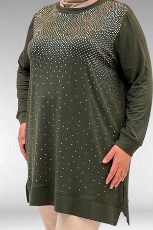 68011 Büyük Beden Önü Taş Detaylı Penye Tunik - Haki