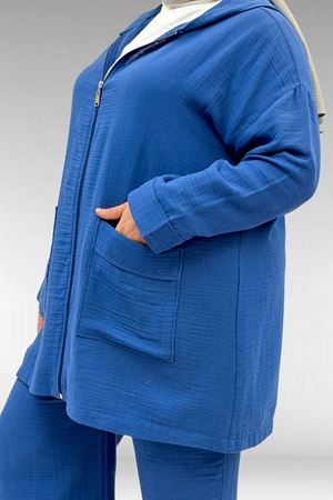 67035 Büyük Beden Kapşonlu Fermuarlı Müslin Pantolonlu Takım - İndigo