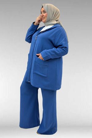 67035 Büyük Beden Kapşonlu Fermuarlı Müslin Pantolonlu Takım - İndigo