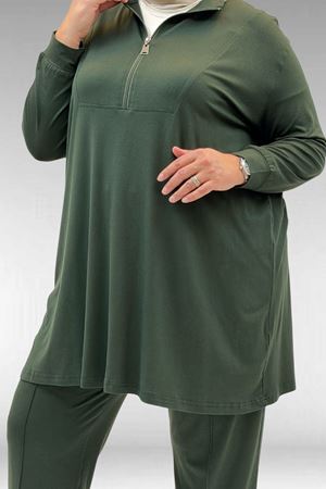 67014 Büyük Beden Parçalı Yakalı Fermuarlı Pantolonlu Penye Takım - Haki