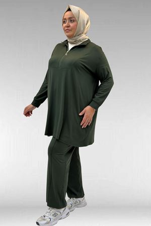 67014 Büyük Beden Parçalı Yakalı Fermuarlı Pantolonlu Penye Takım - Haki