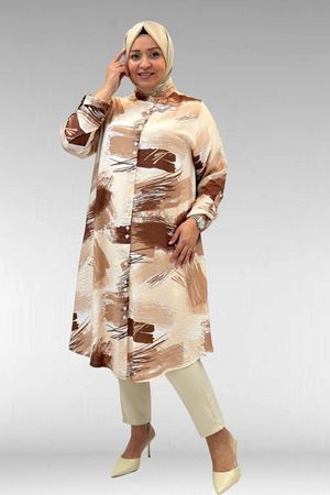 68014 Büyük Beden Hakimyaka Çift Düğmeli Mango Tunik - Desenli Çikolata Kahve