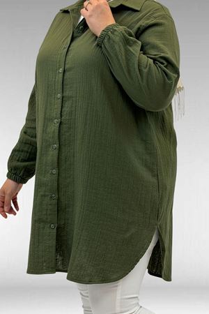 58091 Büyük Beden Kolları Lastikli Müslin Gömlek - Haki