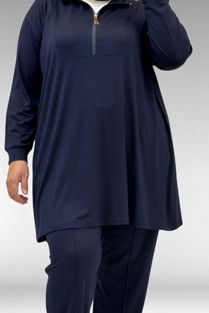67014 Büyük Beden Parçalı Yakalı Fermuarlı Pantolonlu Penye Takım - Lacivert