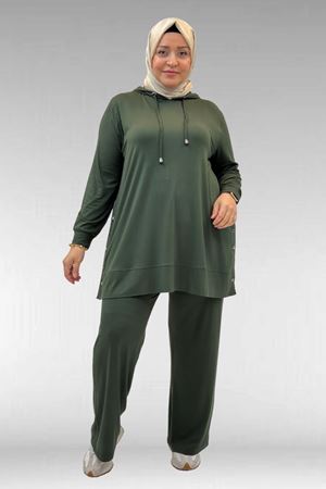 67034 Büyük Beden Yanları Patlı Penye Pantolonlu Takım - Haki