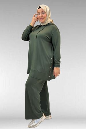67034 Büyük Beden Yanları Patlı Penye Pantolonlu Takım - Haki