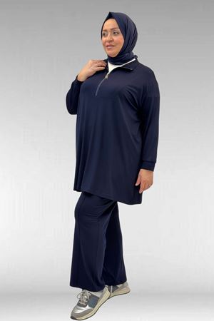 67014 Büyük Beden Parçalı Yakalı Fermuarlı Pantolonlu Penye Takım - Lacivert