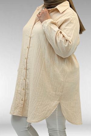 58091 Büyük Beden Kolları Lastikli Müslin Gömlek - Krem