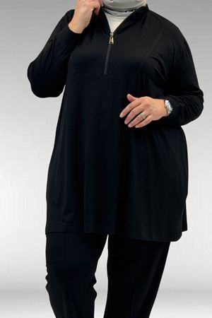 67014 Büyük Beden Parçalı Yakalı Fermuarlı Pantolonlu Penye Takım - Siyah