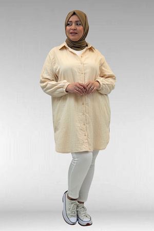 58091 Büyük Beden Kolları Lastikli Müslin Gömlek - Krem
