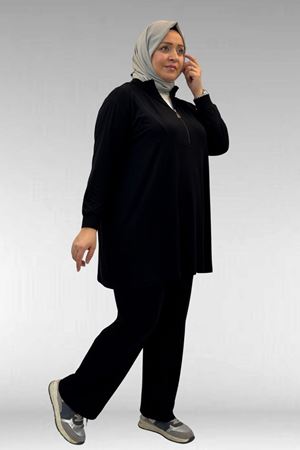 67014 Büyük Beden Parçalı Yakalı Fermuarlı Pantolonlu Penye Takım - Siyah