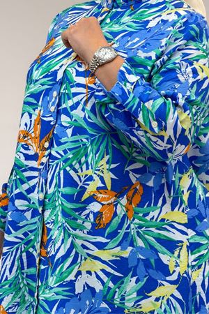 68014 Büyük Beden Hakimyaka Çift Düğmeli Mango Tunik - Desenli Saks