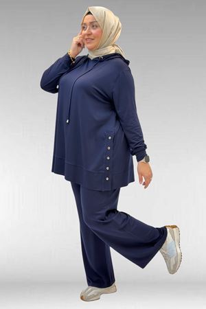 67034 Büyük Beden Yanları Patlı Penye Pantolonlu Takım - Lacivert