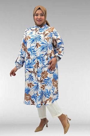 68014 Büyük Beden Hakimyaka Çift Düğmeli Mango Tunik - Yaprak Desen Vizon