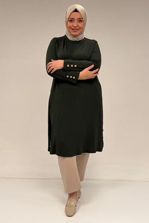 38015  Büyük Beden Düğme Detaylı Penye Tunik - Haki