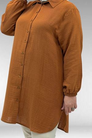 58091 Büyük Beden Kolları Lastikli Müslin Gömlek - Tarçın