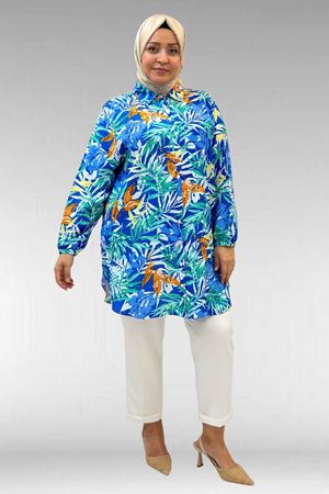 68010 Büyük Beden Yanları Yırtmaçlı Kolları Lastikli Mango Tunik - Desenli Saks