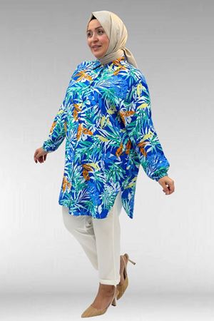 68010 Büyük Beden Yanları Yırtmaçlı Kolları Lastikli Mango Tunik - Desenli Saks